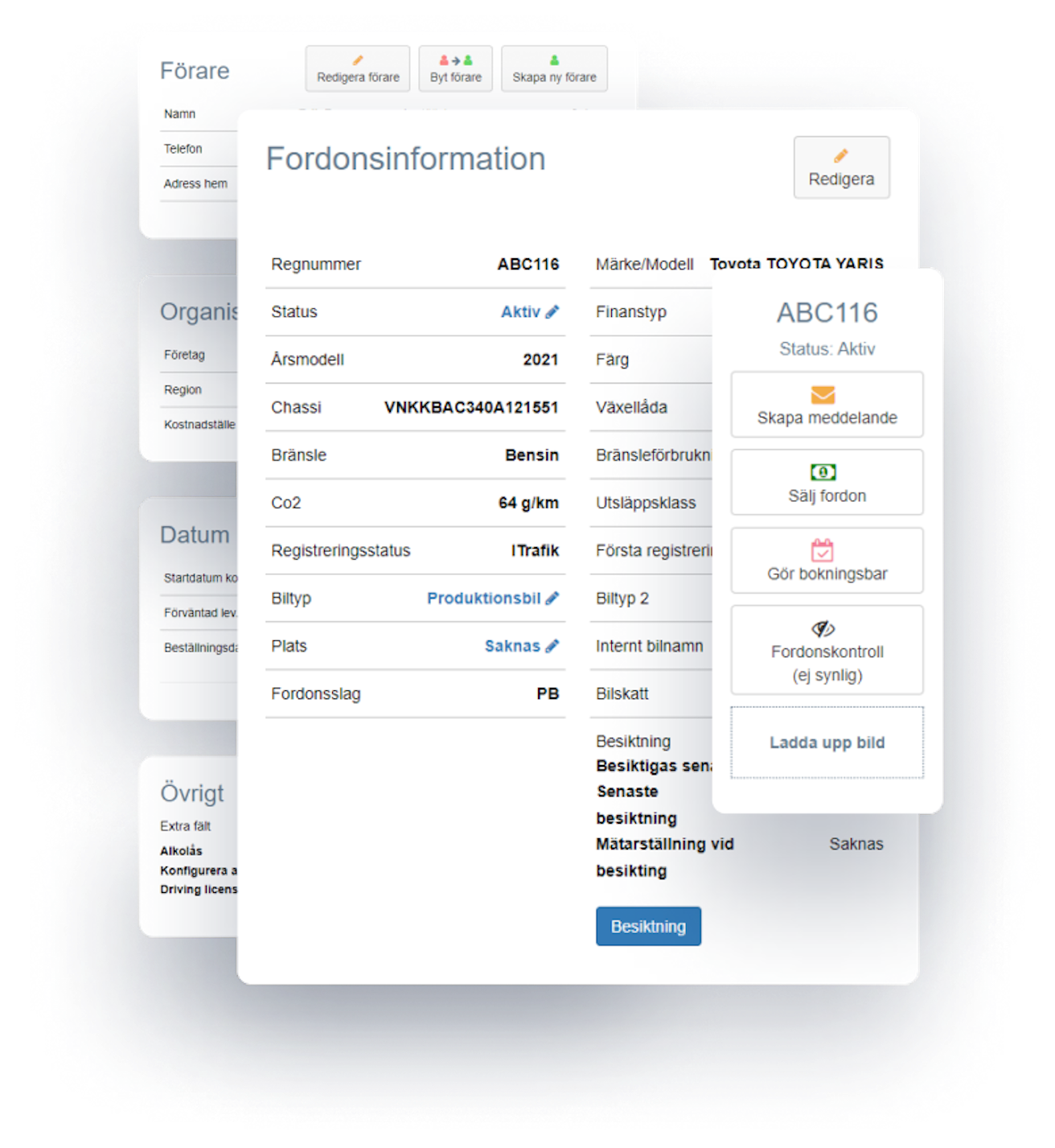 Screenshot of Fleet360 system showing all the information about a car