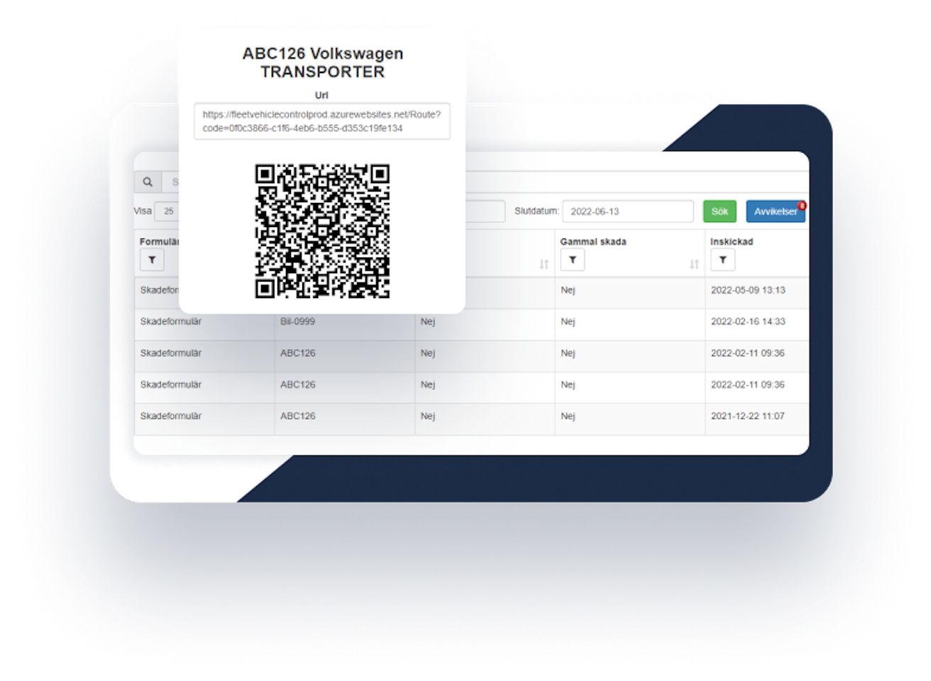 Screen shot of Fleet 360 system showing QR code where driver can report problem with vehicle