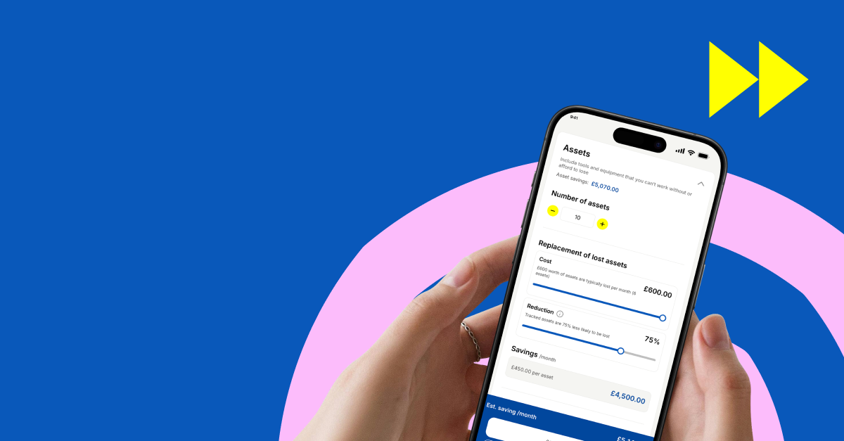 Person holding phone with savings calculator on the screen and blue background