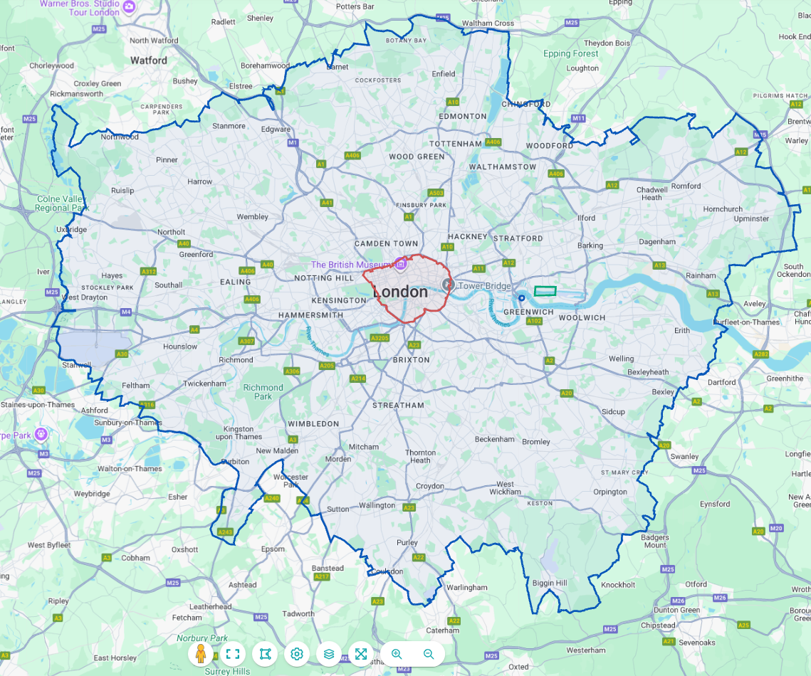 Map showing geofence for ULEZ zone and congestion charge zone