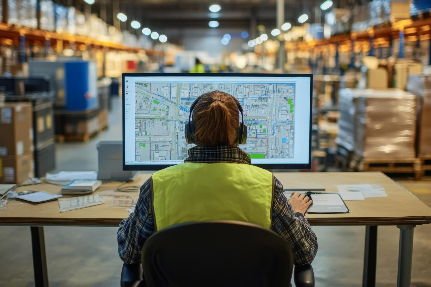 A person in a yellow safety vest sits at a desk in a warehouse, facing a large computer monitor displaying a detailed city map. Shelves with boxes and products are visible in the background.