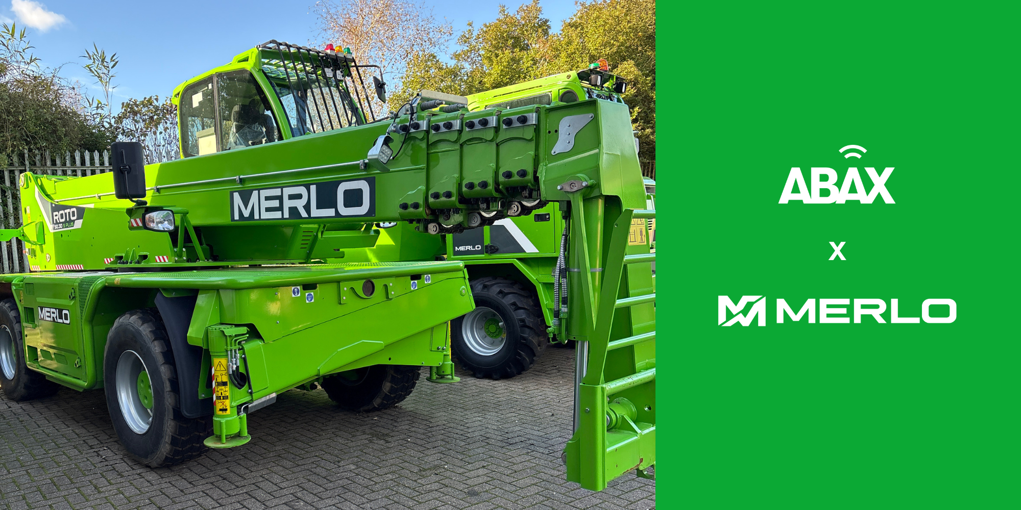 Merlo heavy machinery in green with Merlo and ABAX logo