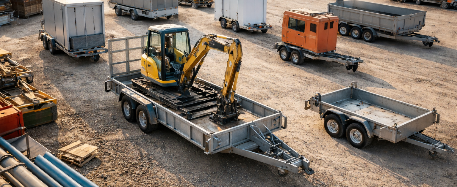 Yard with multiple trailer types including flat bed with mini digger on it