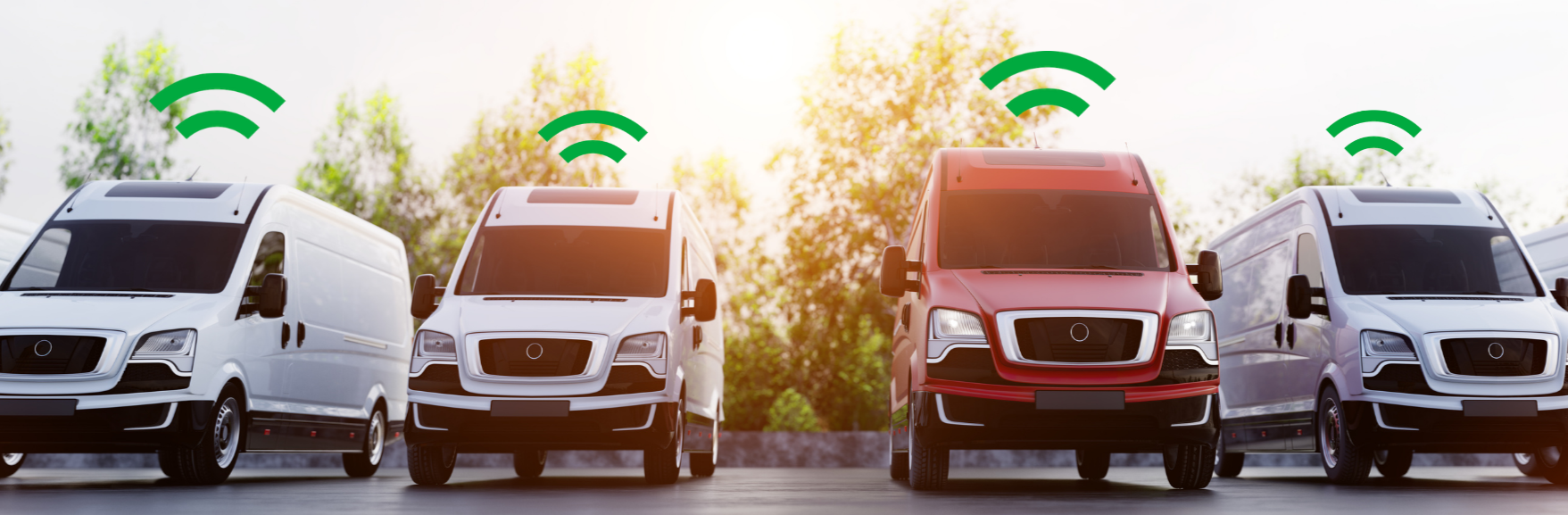 White red vans in a line showing GPS signal symbols over the top