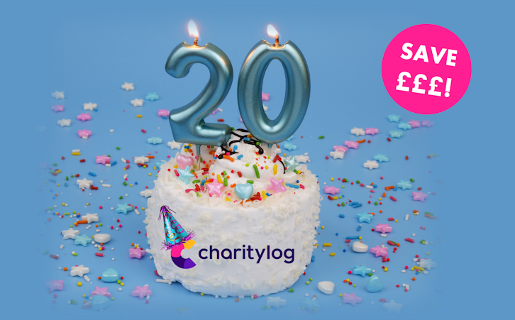 Charitylog 20th birthday cake with candles