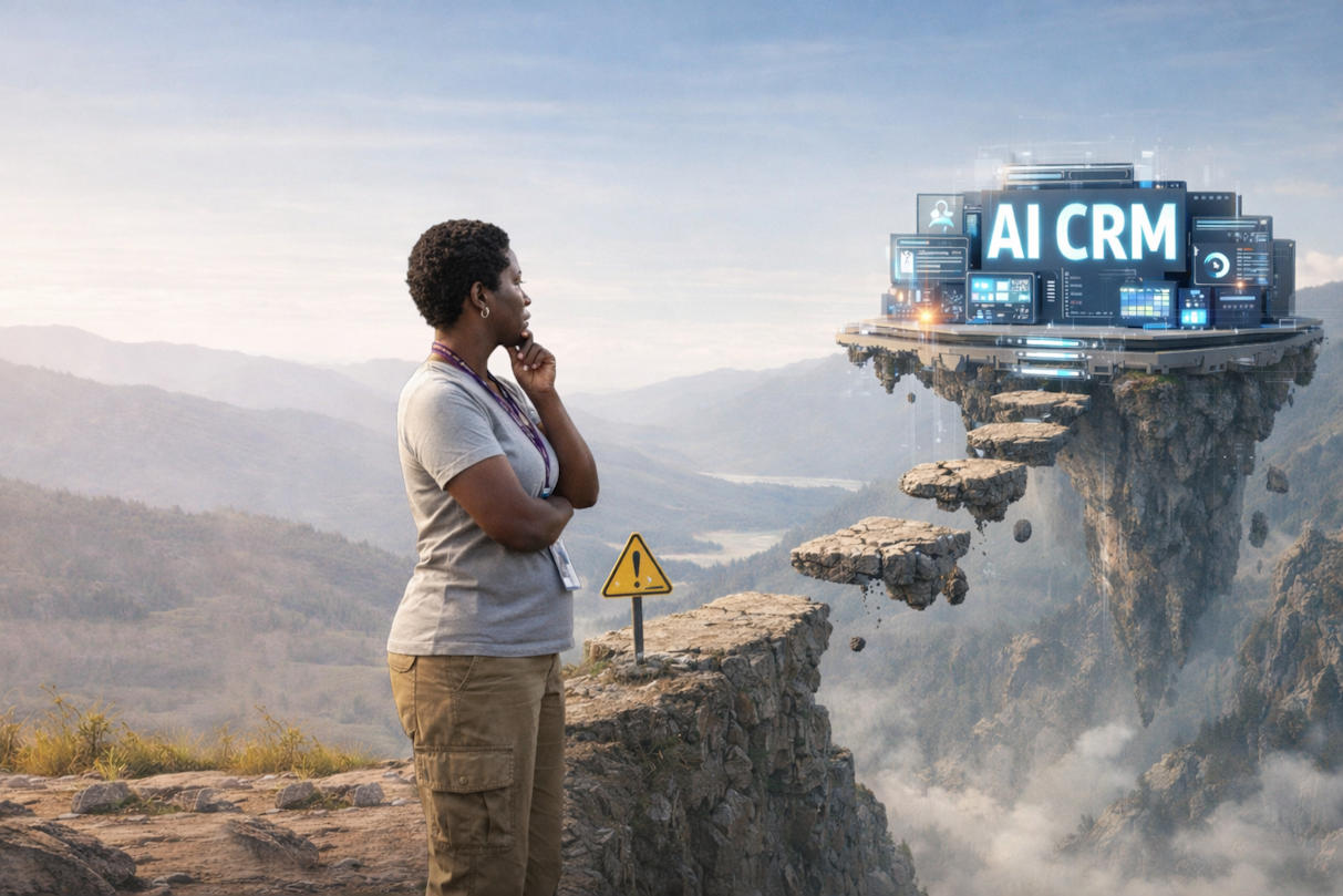 Black female charity leader looking at a cliff edge with stepping stones to a futuristic AI metropolis
