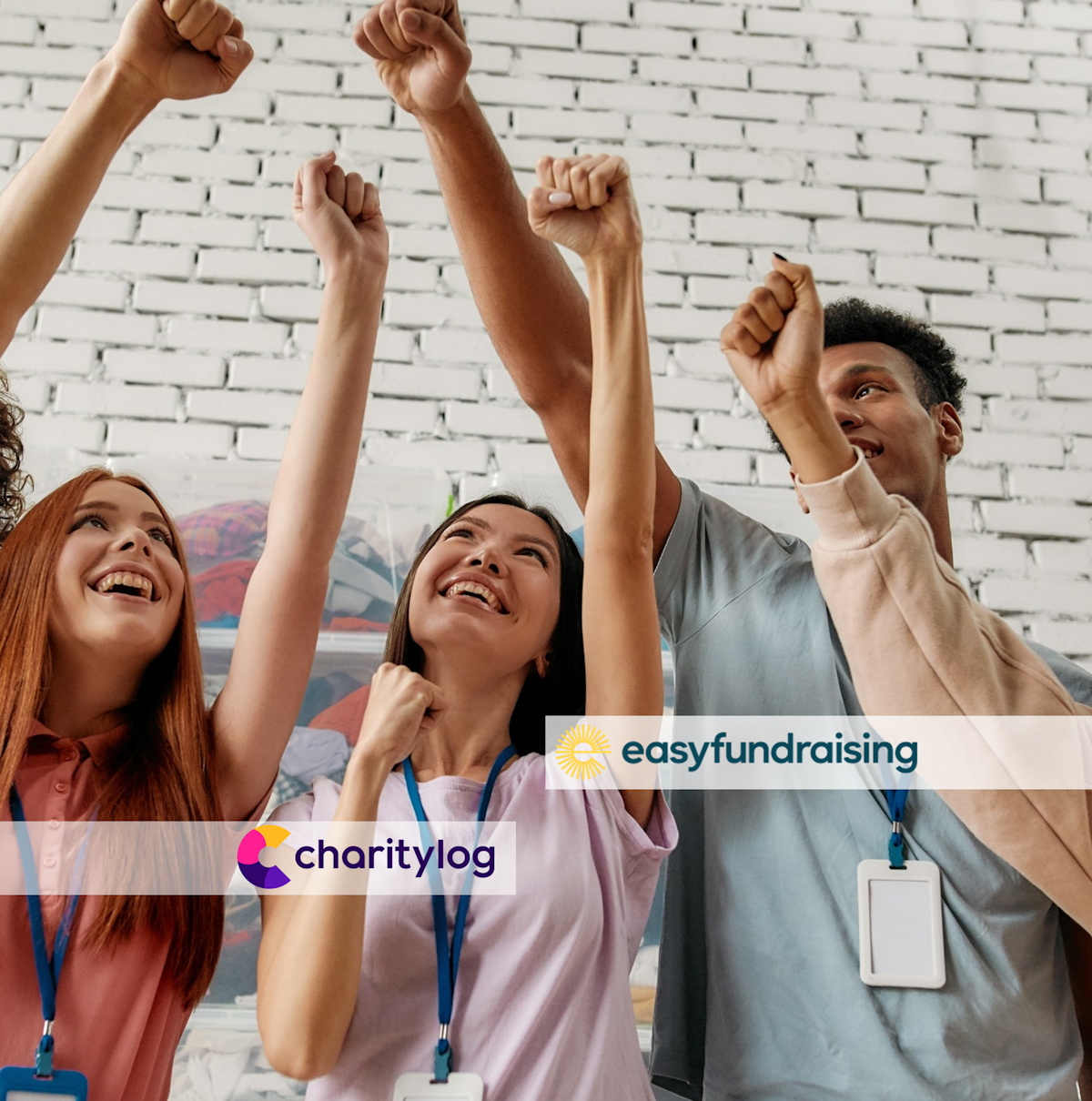 young people punching air charitylog and easyfundraising logos