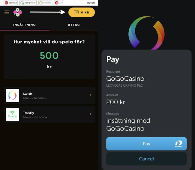 Swish insättning hos Gogo casino