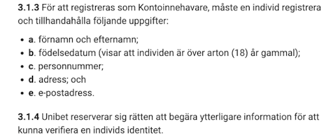 Utdrag från Unibets KYC