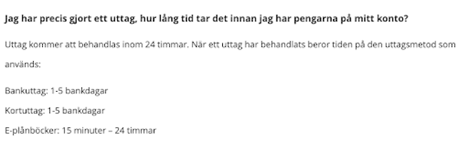 Betsson FAQ uttagstider