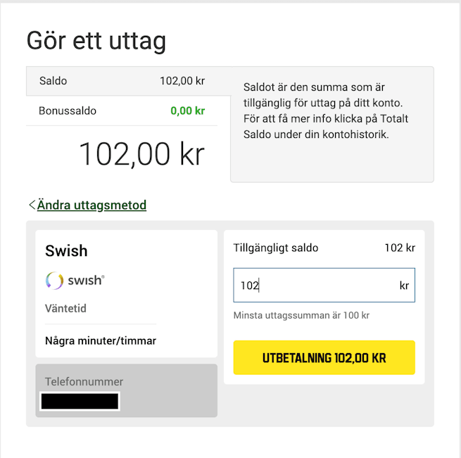 Snabba uttag med Swish hos Unibet