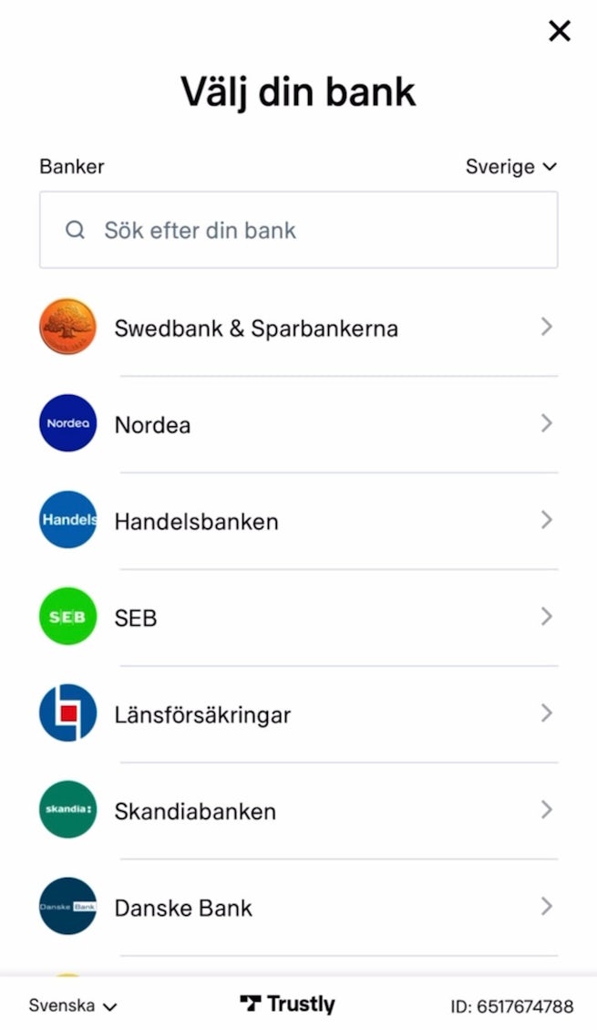 Välj din bank hos Trustly