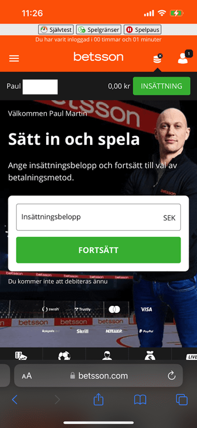 Gå till insättningssidan hos Betsson