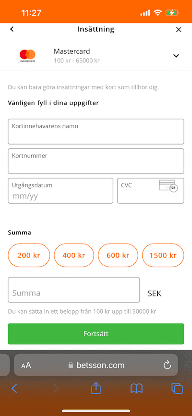 Fyll i kortuppgifter och belopp