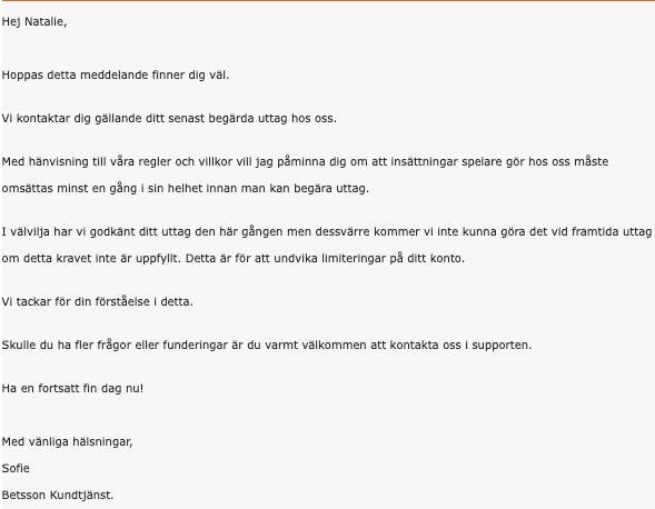 Betsson meddelande om uttag