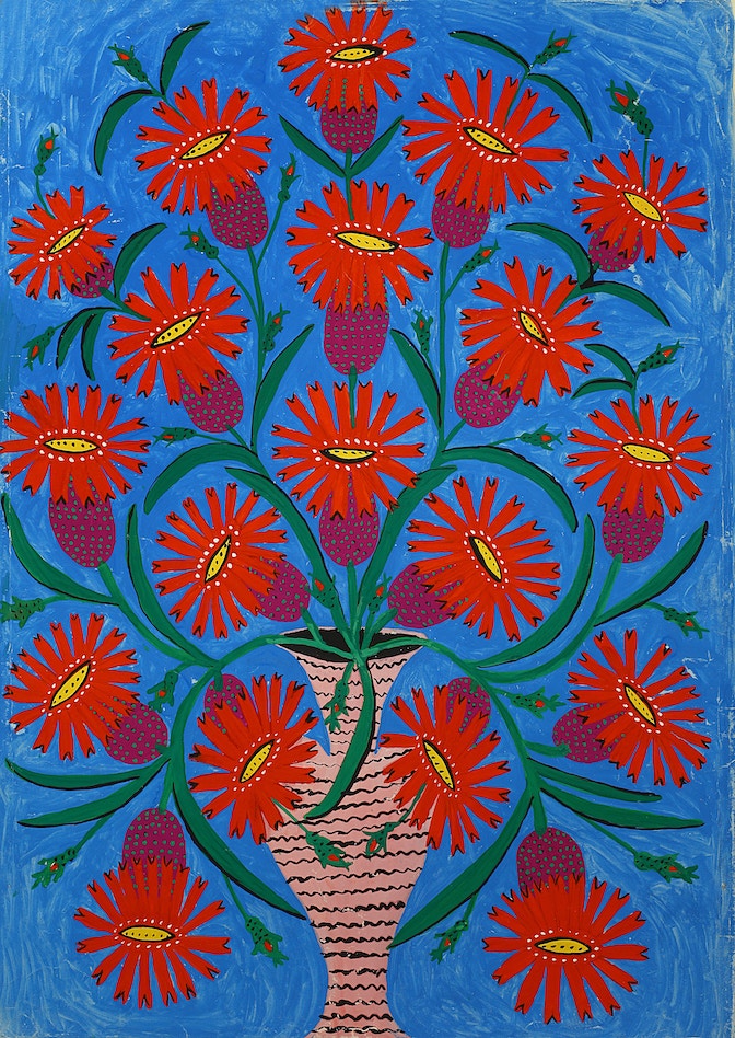 02 Maria Prymachenko, Fiori dellÔÇÖuniverso(patlashki) in un vaso, 1964, Museo nazionale Taras Shevchenko di Kiev