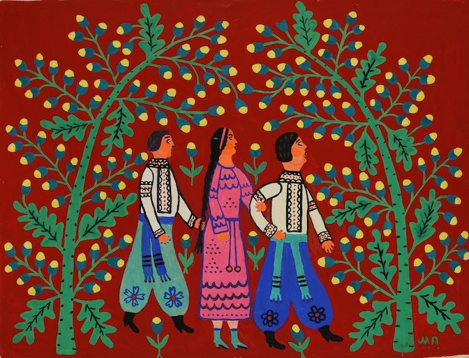 06 Maria Prymachenko, Gli ucraini ballano e arano il grano, 1986, Museo nazionale Taras Shevchenko di Kiev