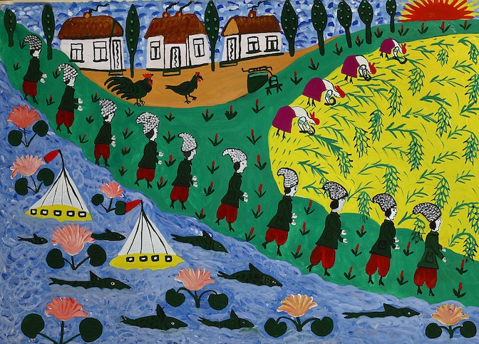 04 Maria Prymachenko, Oh, sulla montagna mietono i mietitori, 1965, Museo nazionale Taras Shevchenko di Kiev