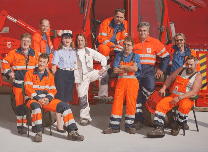 26 - MEN IN ORANGE - olio tela 190 x 260 cm.