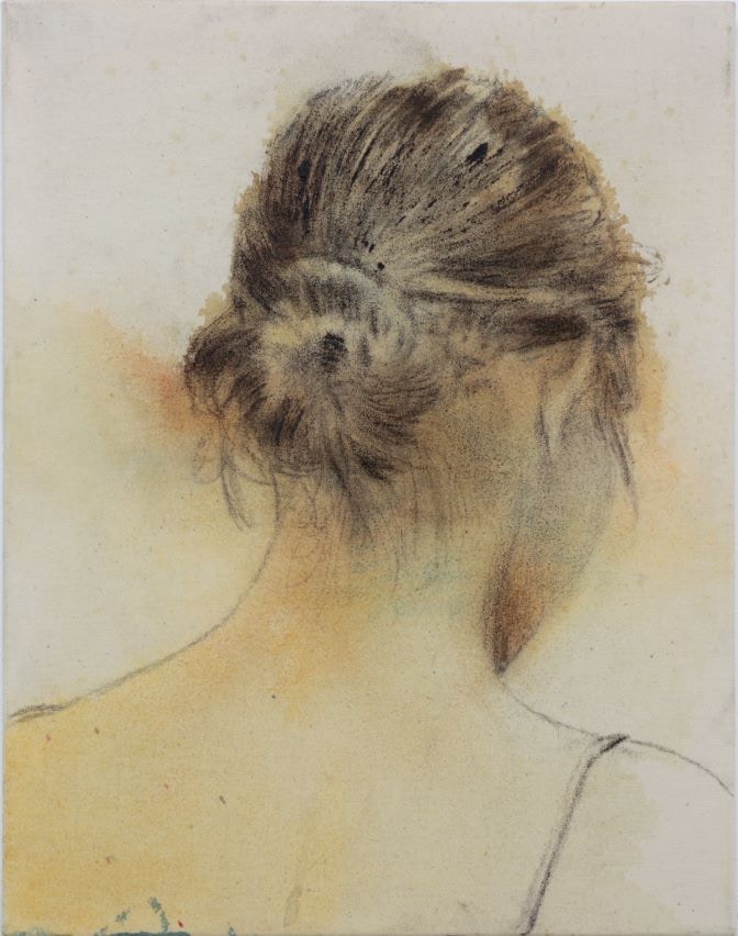 nel buio dello sguardo, bitume e carboncino su tela, 46x36cm 2023 archivMG 7775