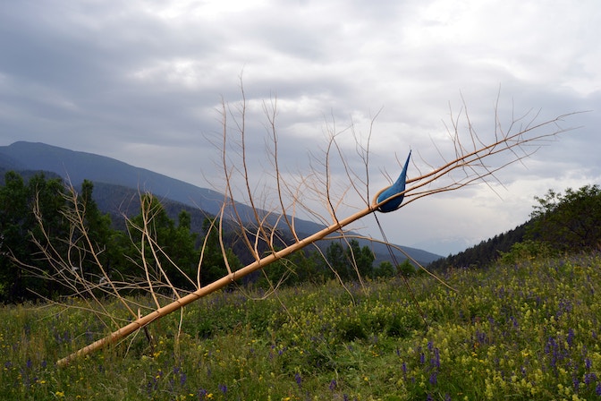 Federico Seppi, Svellere, 2019, fallen wood and copper oxidized, 10 x 4 x 4 m, Exhibition view, Materia Prima, Parco degli Alberi Sacri, Livo, Val Di Non, Trento IT