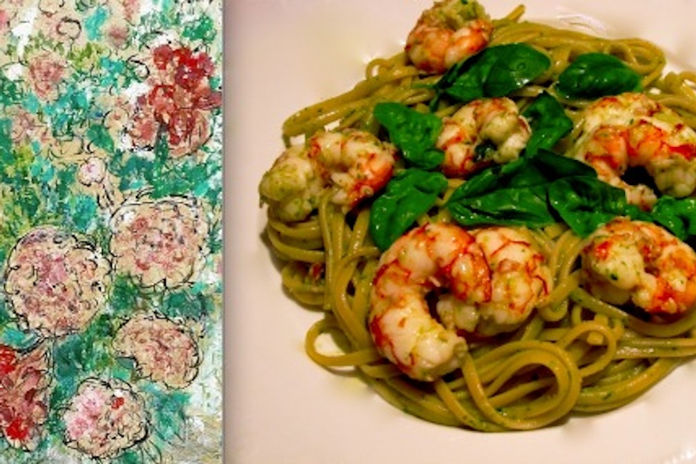 Marc Chagall “Pivoines et couple” – Linguine al pesto di limone con gamberoni