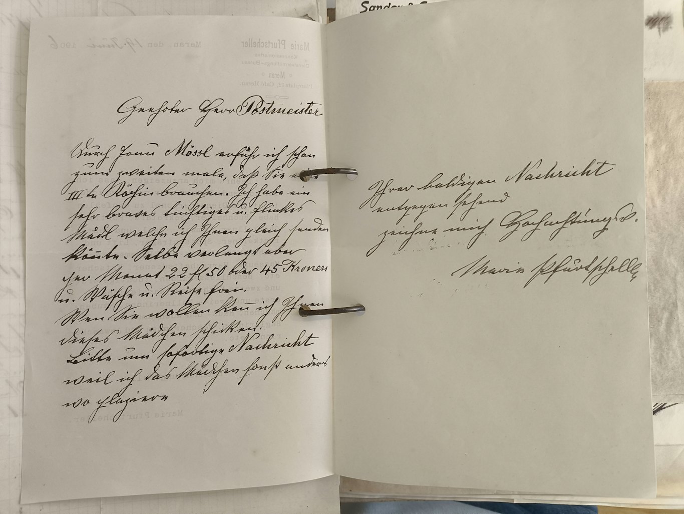 Brief aus dem Ordner des Posthotel zum Ortler in Sulden, © Nachlass der Familie Angerer, Sulden