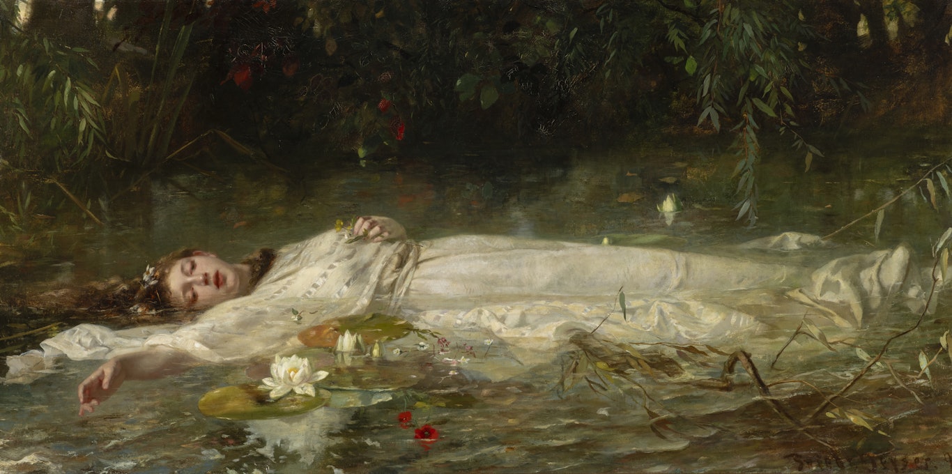 Der neue Star im Museum Wiesbaden: Swifties kommen um die „Ophelia“ von Friedrich Wilhelm Theodor Heyser zu sehen. Taylor Swift hat in ihrem Video zu „The Fate of Ophelia“ wohl von Heyser abgekupfert. Friedrich Wilhelm Theodor Heyser, Ophelia, um 1900, Museum Wiesbaden, Sammlung F. W. Neess, Foto: Museum Wiesbaden/Bernd Fickert