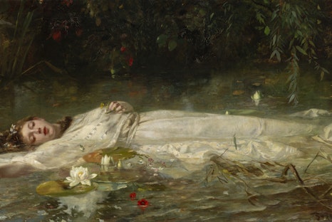 Der neue Star im Museum Wiesbaden: Swifties kommen um die „Ophelia“ von Friedrich Wilhelm Theodor Heyser zu sehen. Taylor Swift hat in ihrem Video zu „The Fate of Ophelia“ wohl von Heyser abgekupfert. Friedrich Wilhelm Theodor Heyser, Ophelia, um 1900, Museum Wiesbaden, Sammlung F. W. Neess, Foto: Museum Wiesbaden/Bernd Fickert The artist is unbekannt