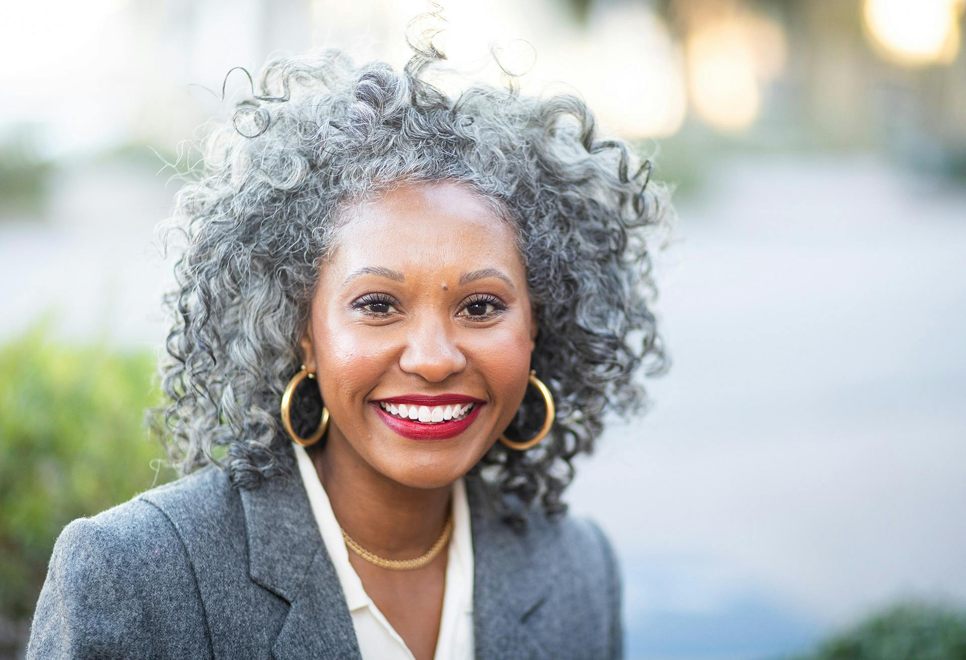 Woman with Grey Hair and Red Lipstick