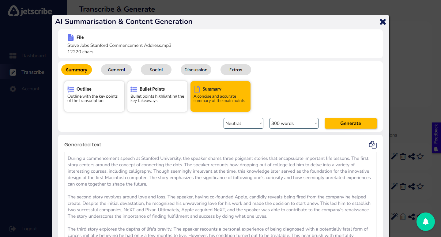 Jetscribe summarization and generation