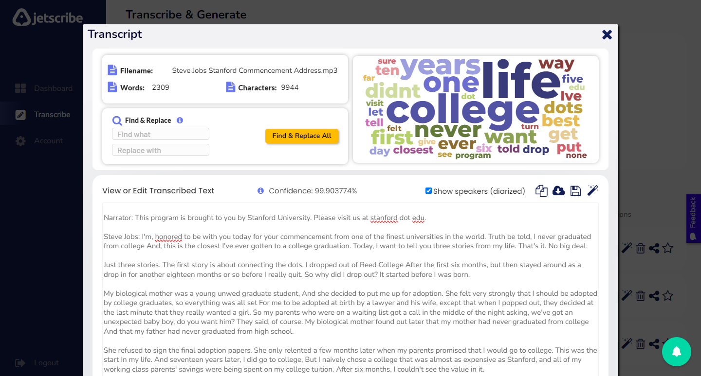 Jetscribe transcription feature