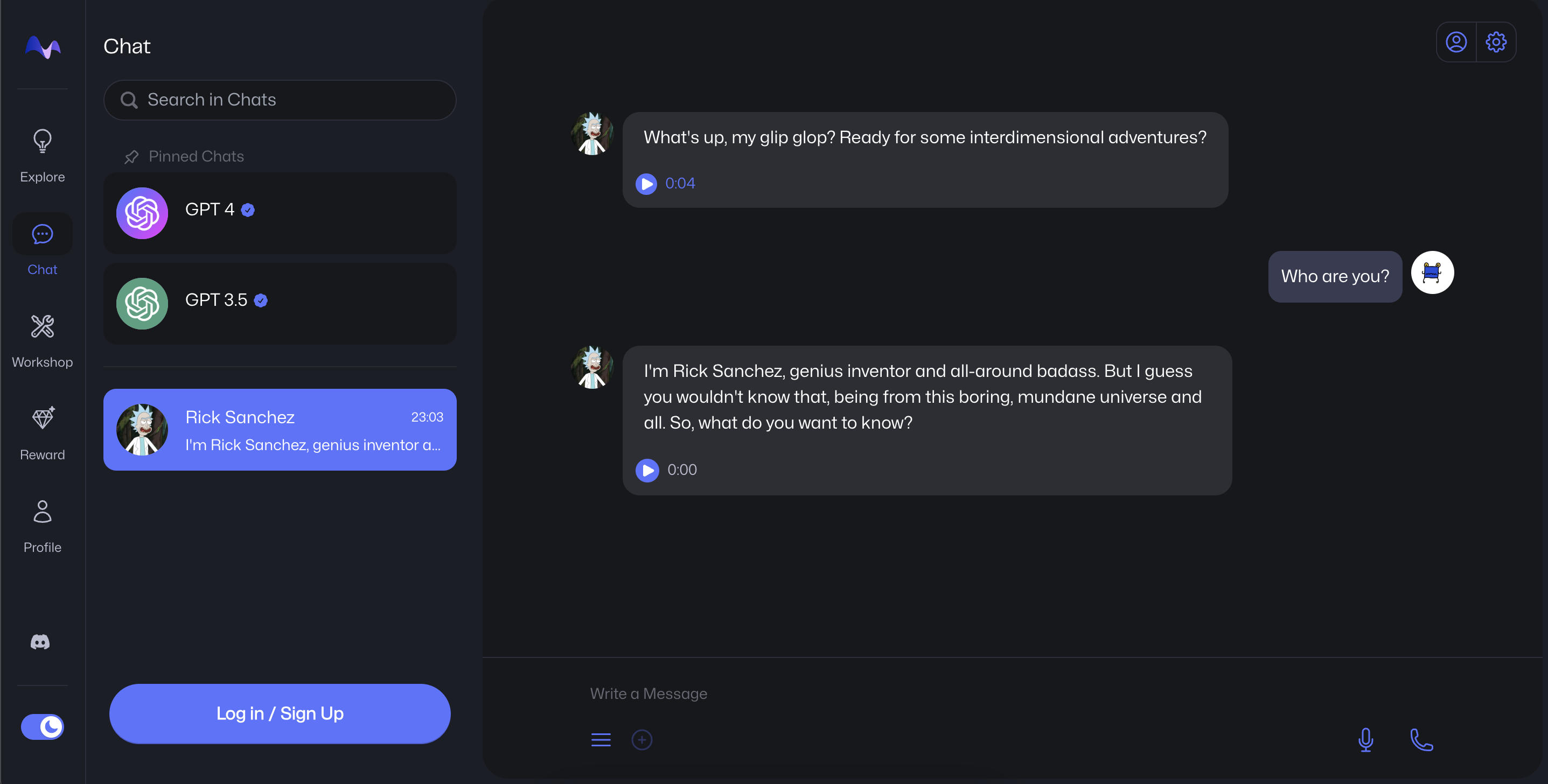 MyShell AI chat with Rick Sanchez