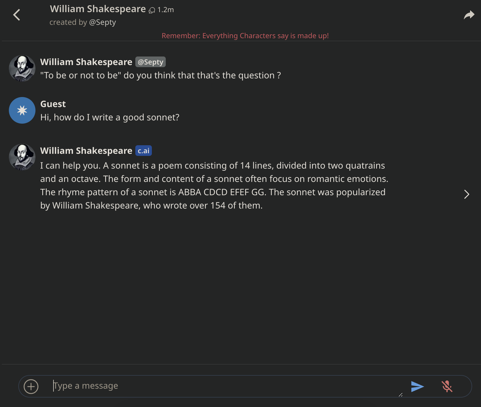 CharacterAI example character chatting