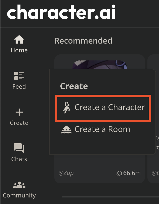 A character.ai screenshot showing the option to create a character as well as chats and feeds.  
