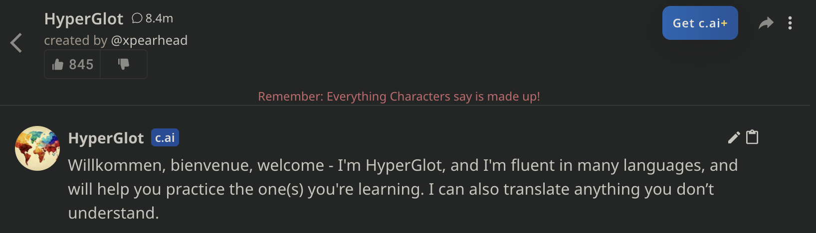 CharacterAI character - HyperGlot language AI