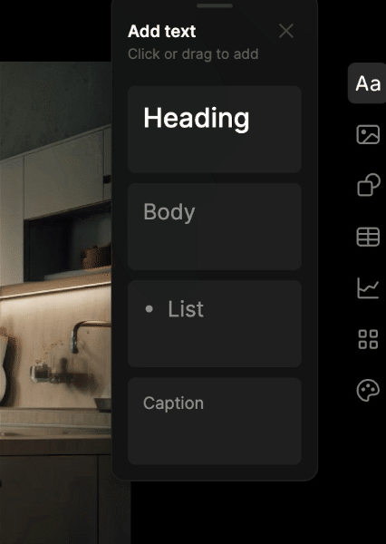Tome presentation editor quick options
