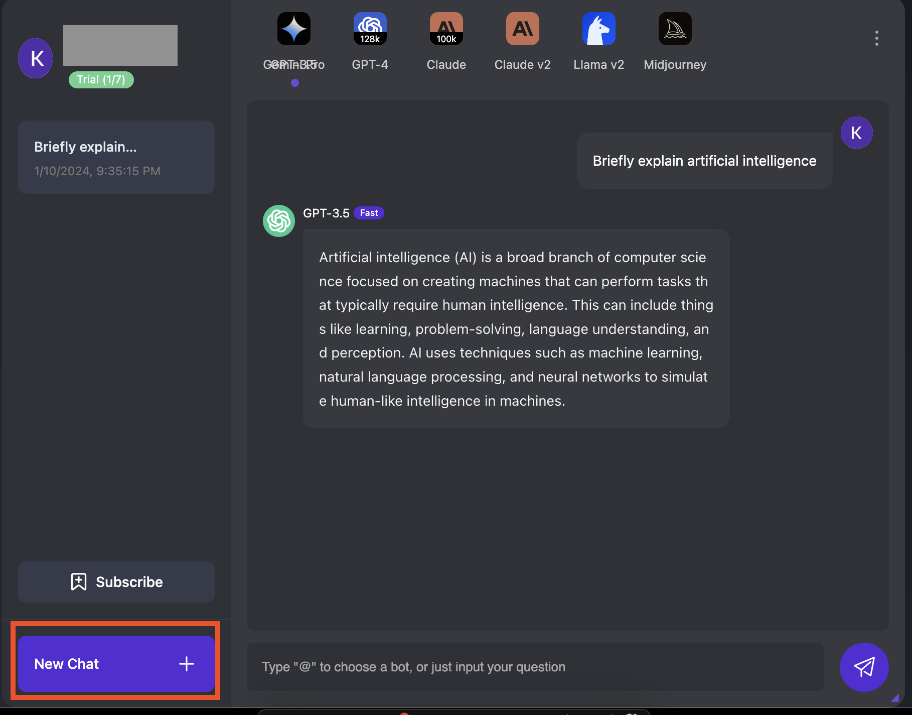 You can start a new Chatgot conversation by clicking the New Chat button