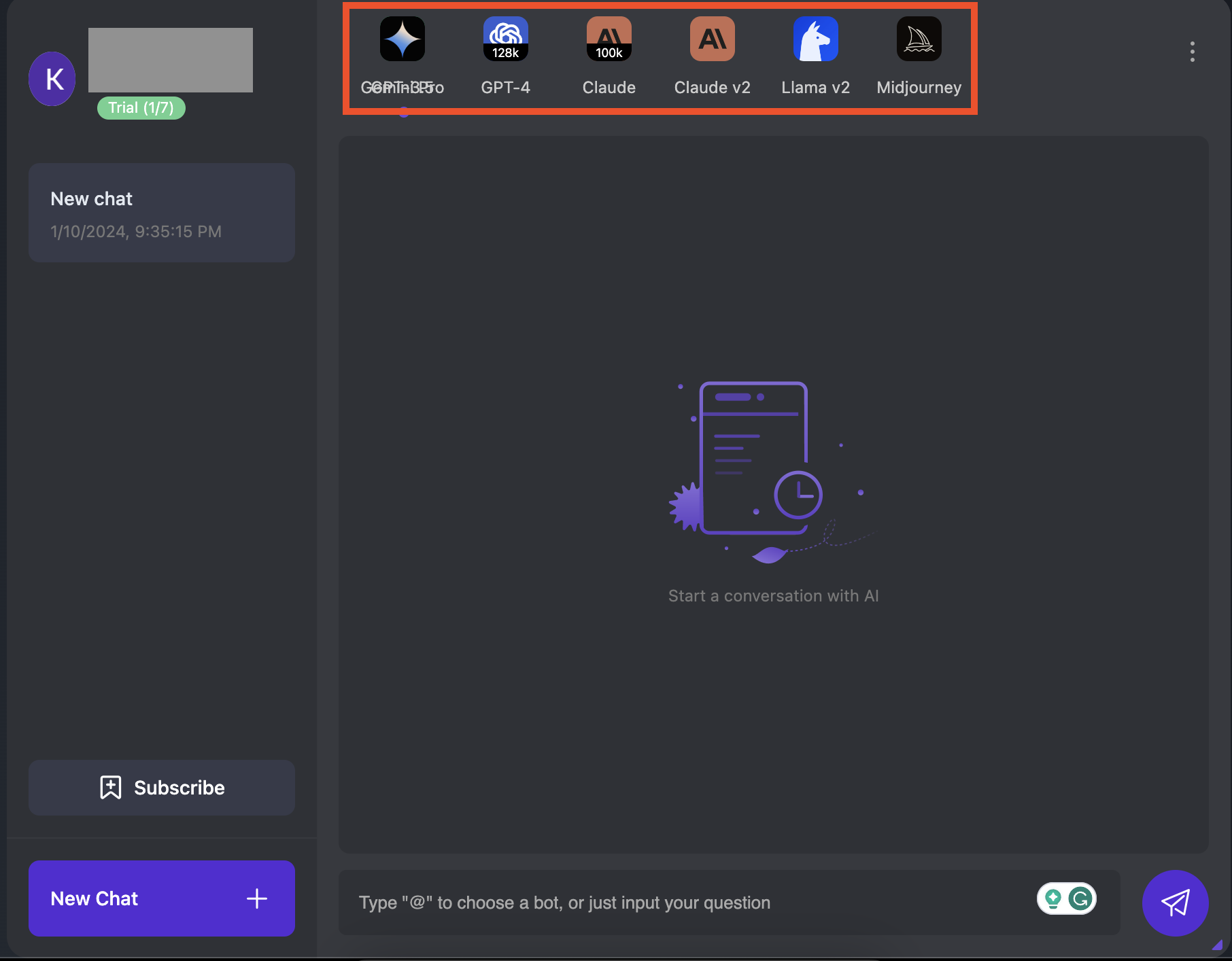 Chatgot chat interface with the available AI models highlighted