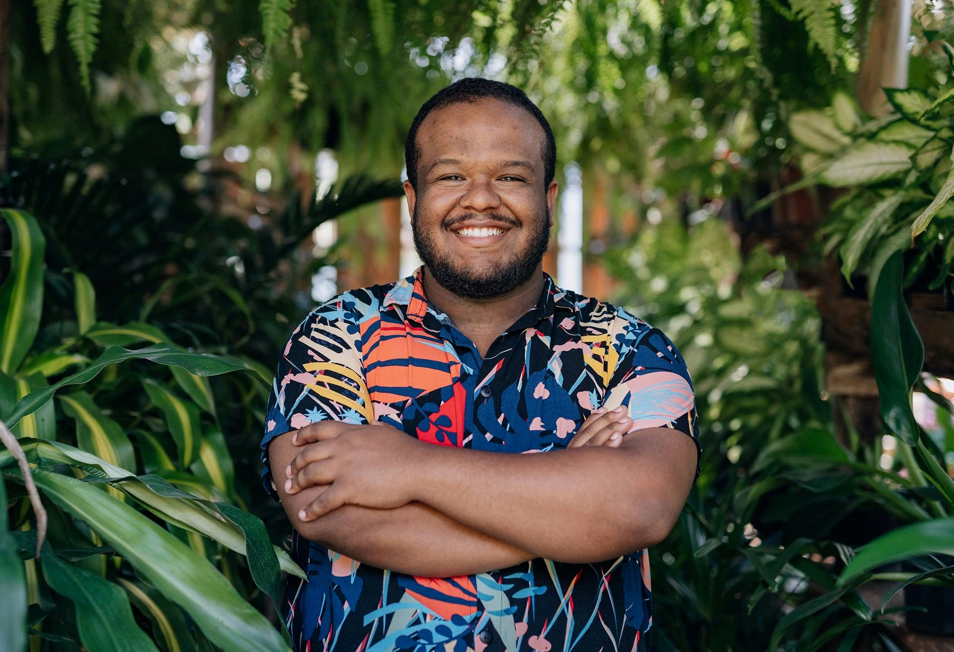Man in a floral shirt