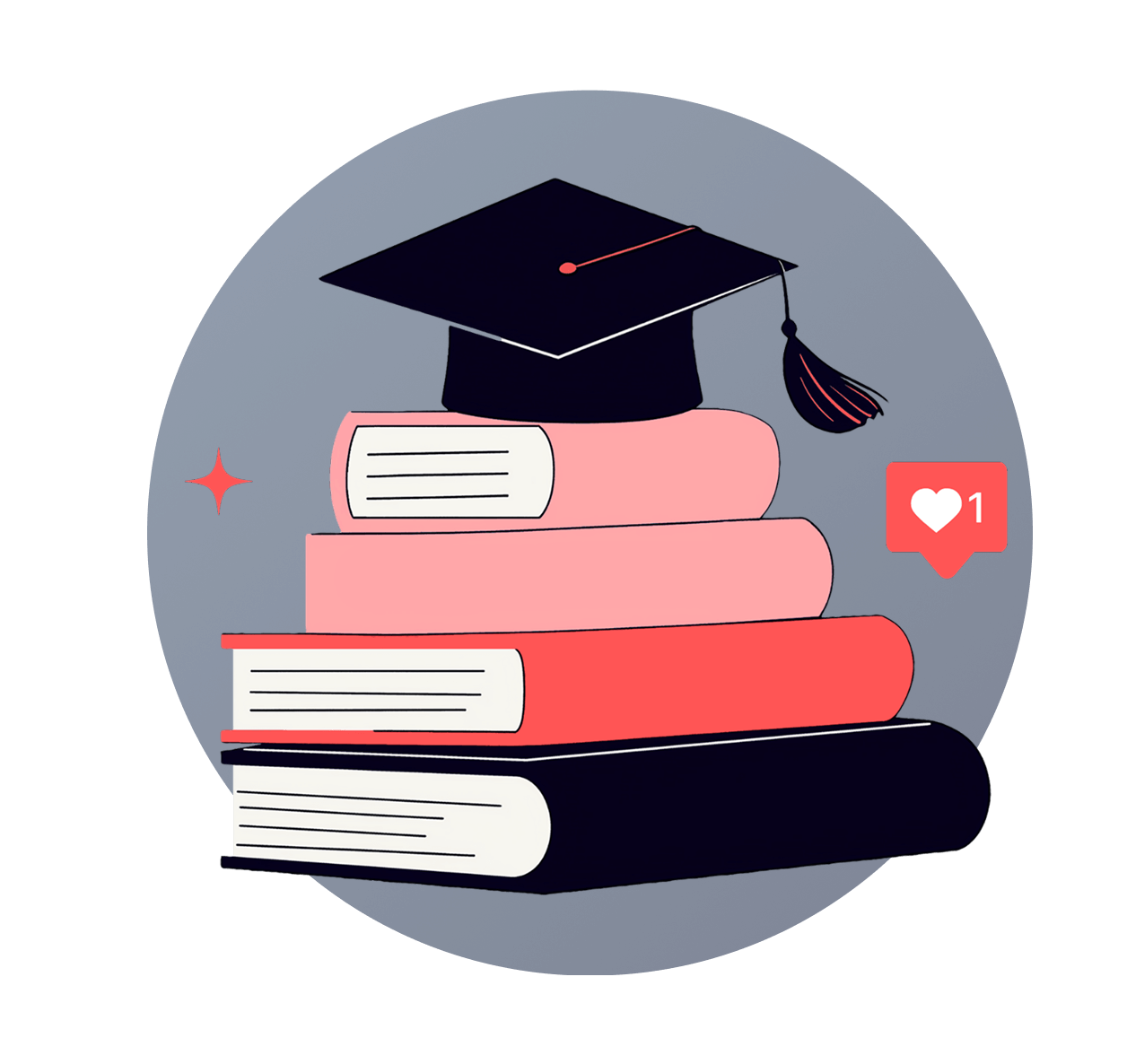 Illustration of a pile of books with a graduation cap resting on top.
