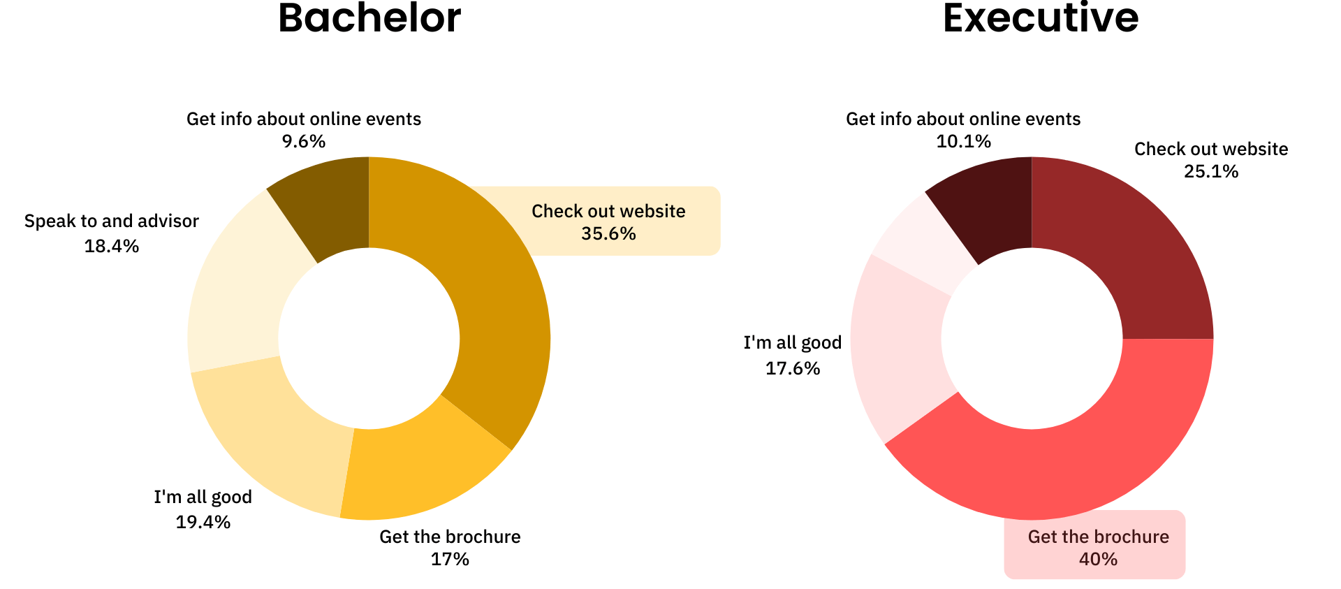 Bachelor students prefer to check out the websute, whereas Executive students want to get the brochure.