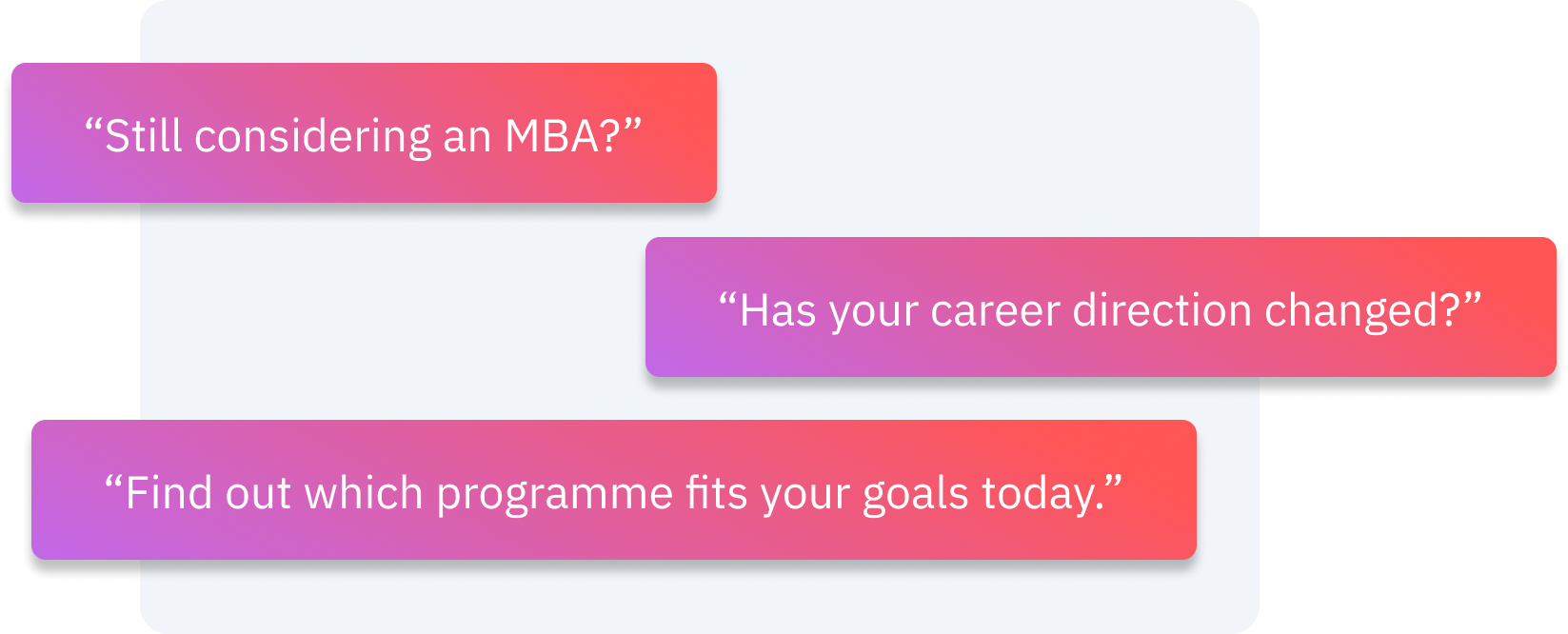 Different questions you might ask a stale lead. Still considering an MBA? Has your career direction changed? Find out which programme fits your goals today.