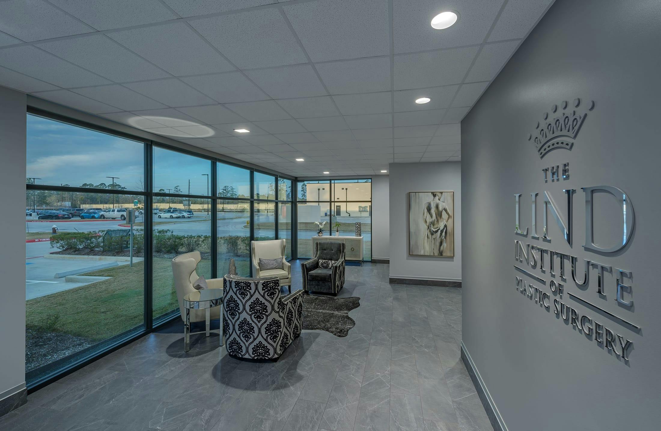 office signage and seating area