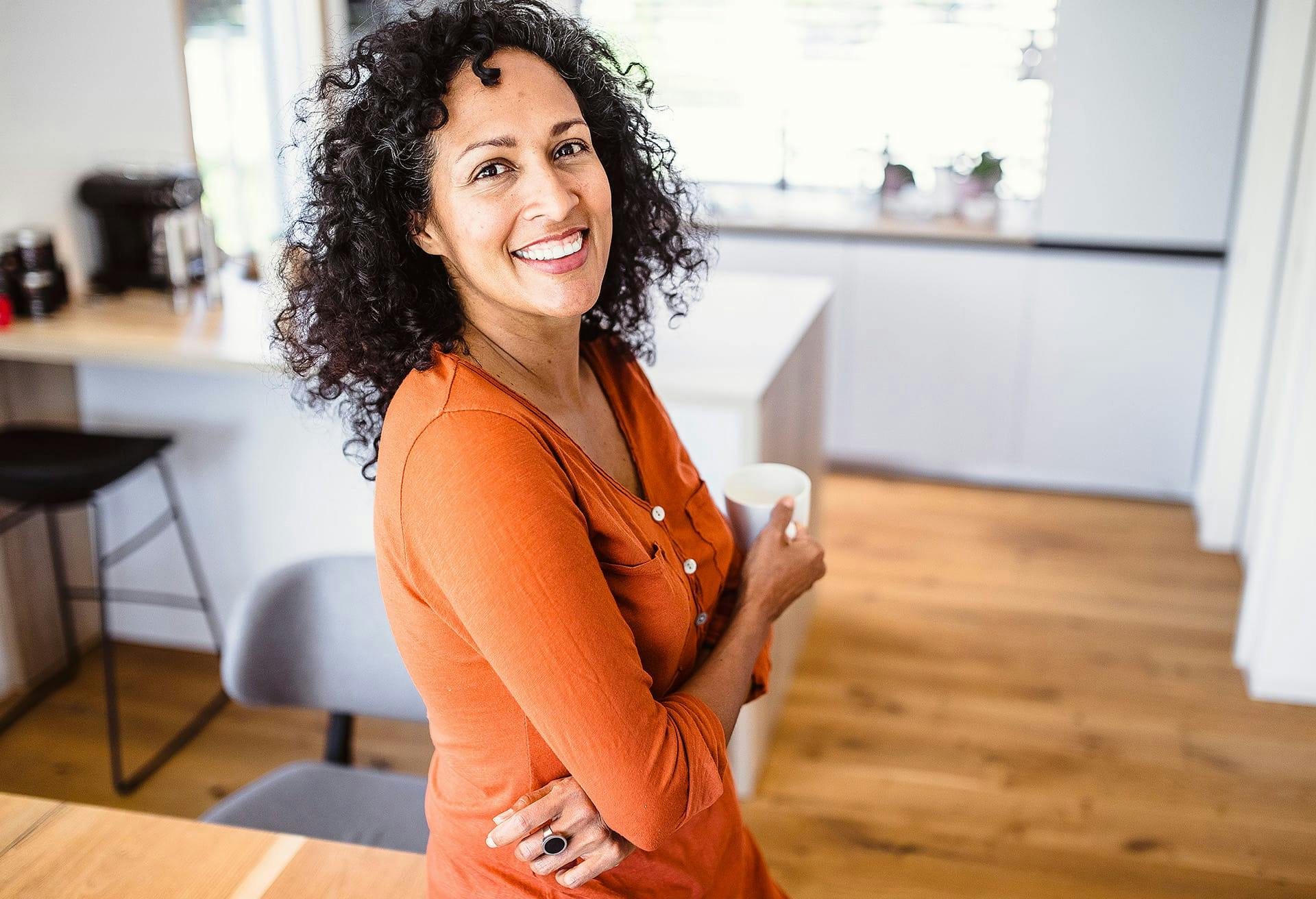 Woman in an orange shirt