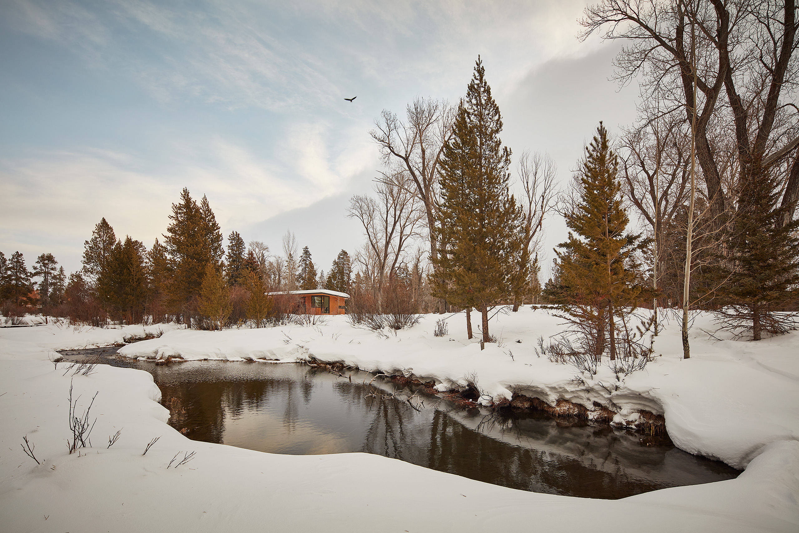 guest house, creek, and snow