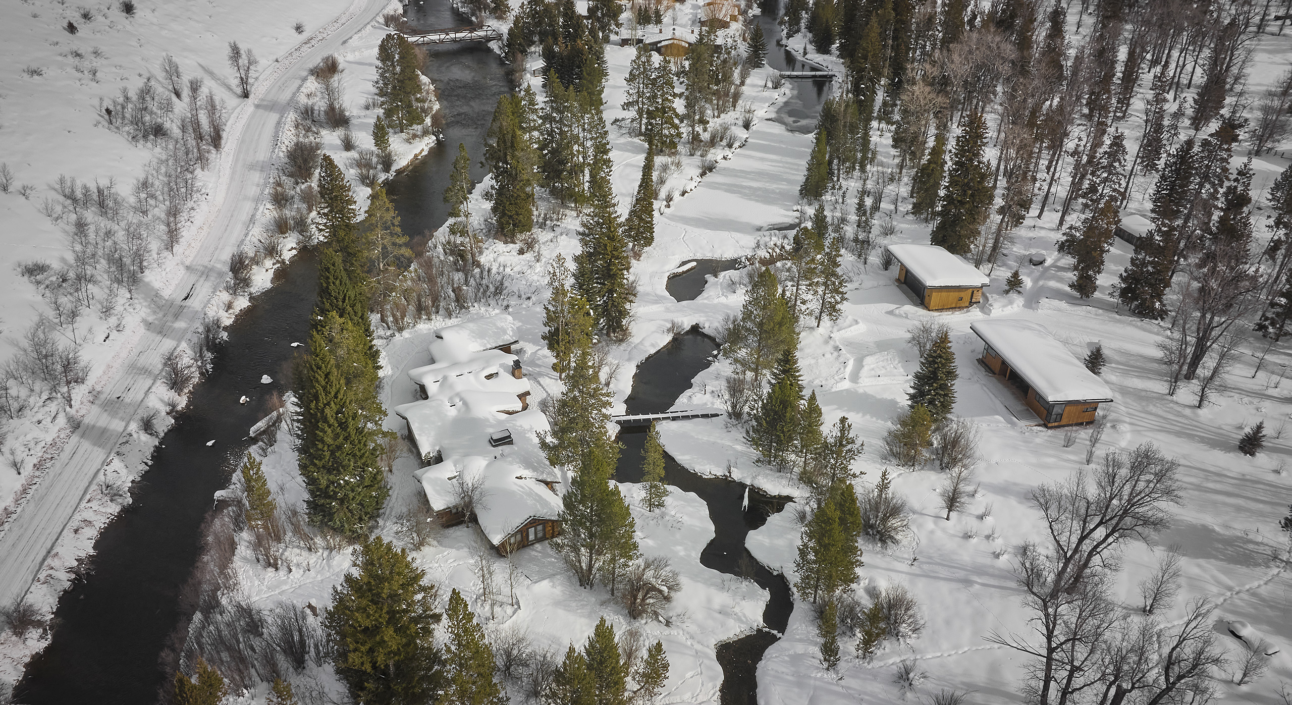Drone view of property along Fish Creek in Wilson, Wyoming
