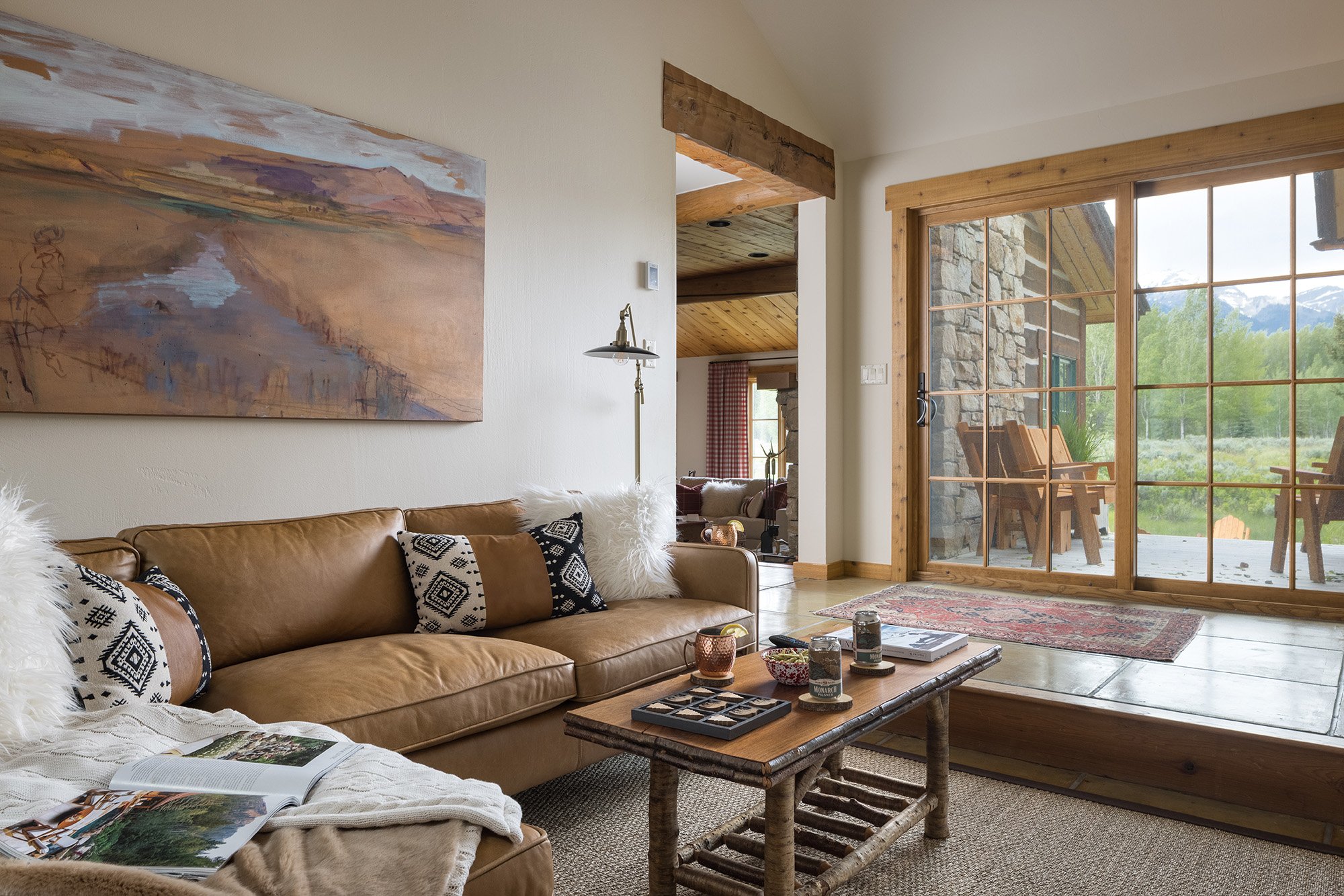 Living room in a cabin, mountain modern decor