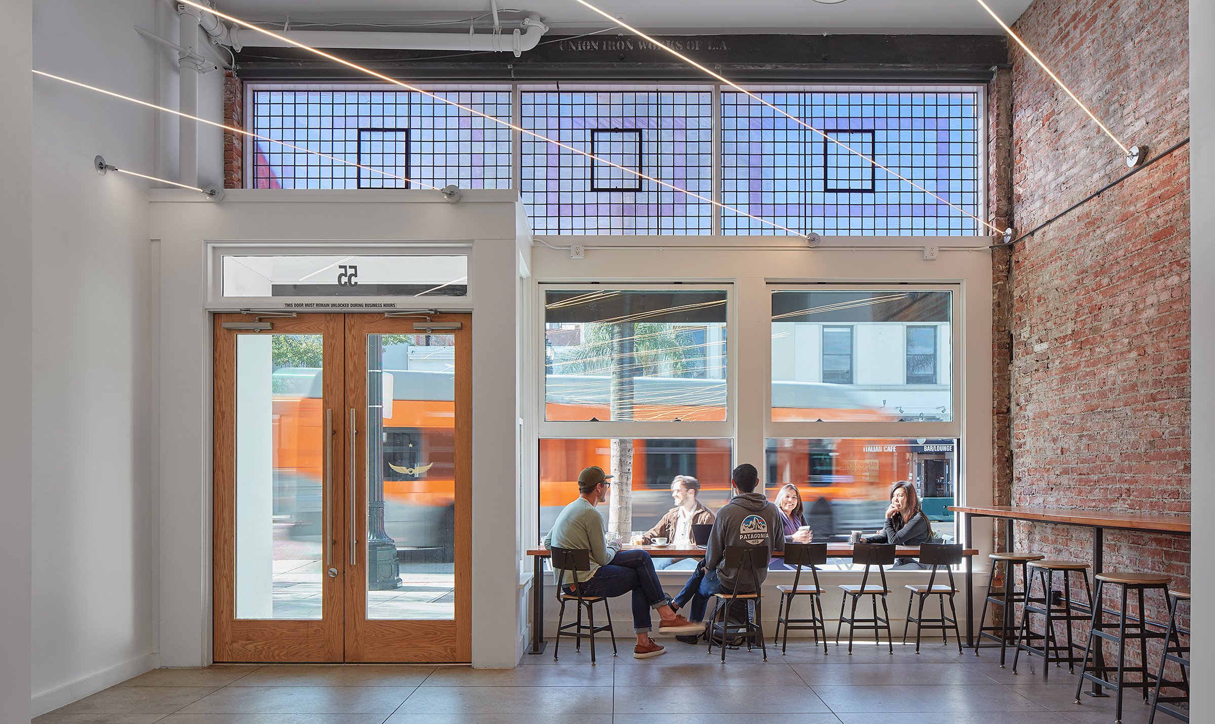 Interior looking out, coffee shop in Pasadena California