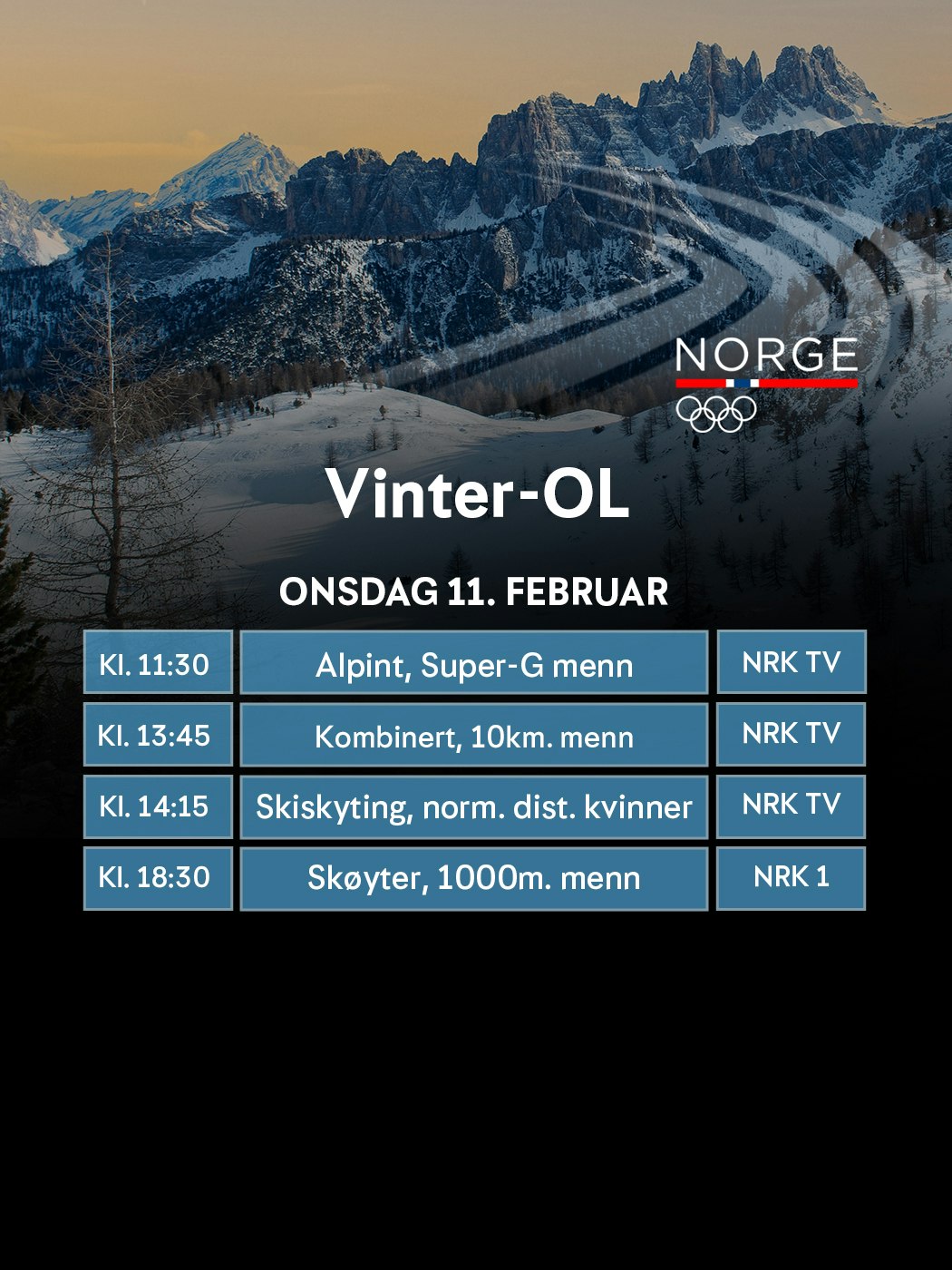 Vinter-OL, onsdag 11. februar. kl. 11:30 Alpint, super-G menn, nrk TV, kl. 13:45 kombinert 10 km menn, NRK TV, kl. 14:15 skiskyting, norm. dist. kvinner, NRK TV, kl. 18:30 skøyter, 1000m. menn, NRK 1. les mer